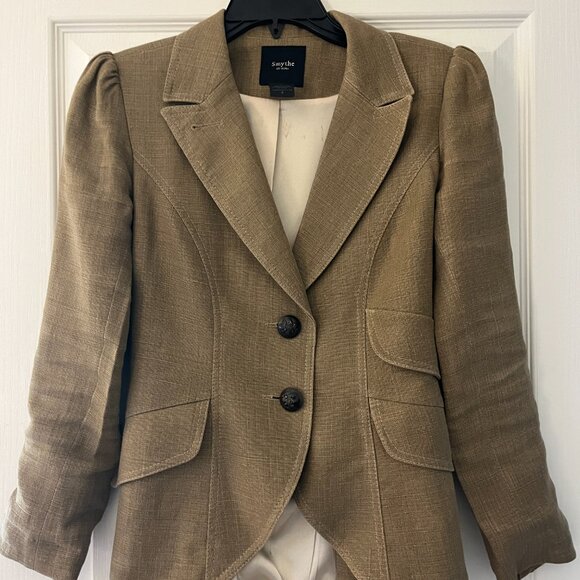 Smythe Les Vestes 100% Linen Equestrian blazer sz 4 with black leather patches - Picture 2 of 6